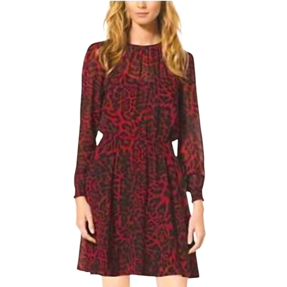 Michael Kors Red & Black Leopard Chiffon Long Sleeve Mini A-Line Dress - Picture 2 of 8